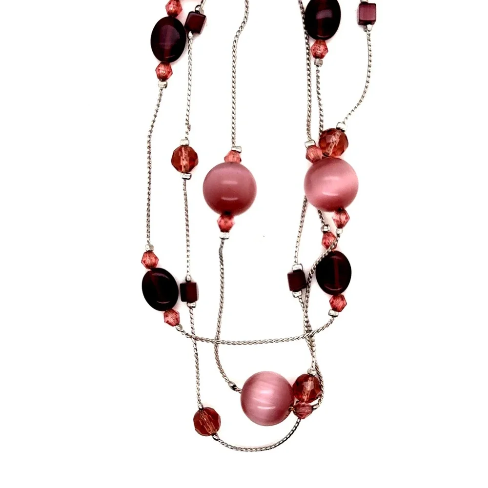 Lia Sophia Sophia Pink Purple Beaded Multi Strand Silver Tone Necklace 16-19in